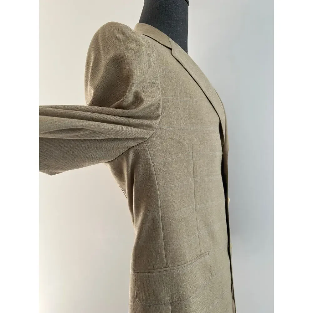 Hart Schaffner Marx 3 Button Suit Jacket Blazer Tan w Blue Windowpane 42S SG